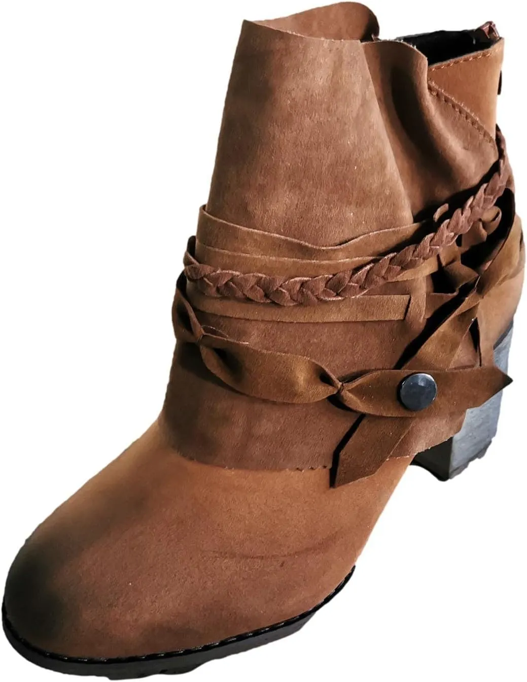 Ctreela Boho Booties Chunky Heel Shootie Retro Gypsy Ankle Boots Western Vintage Faux Suede Fringe Slip On Boot for Women