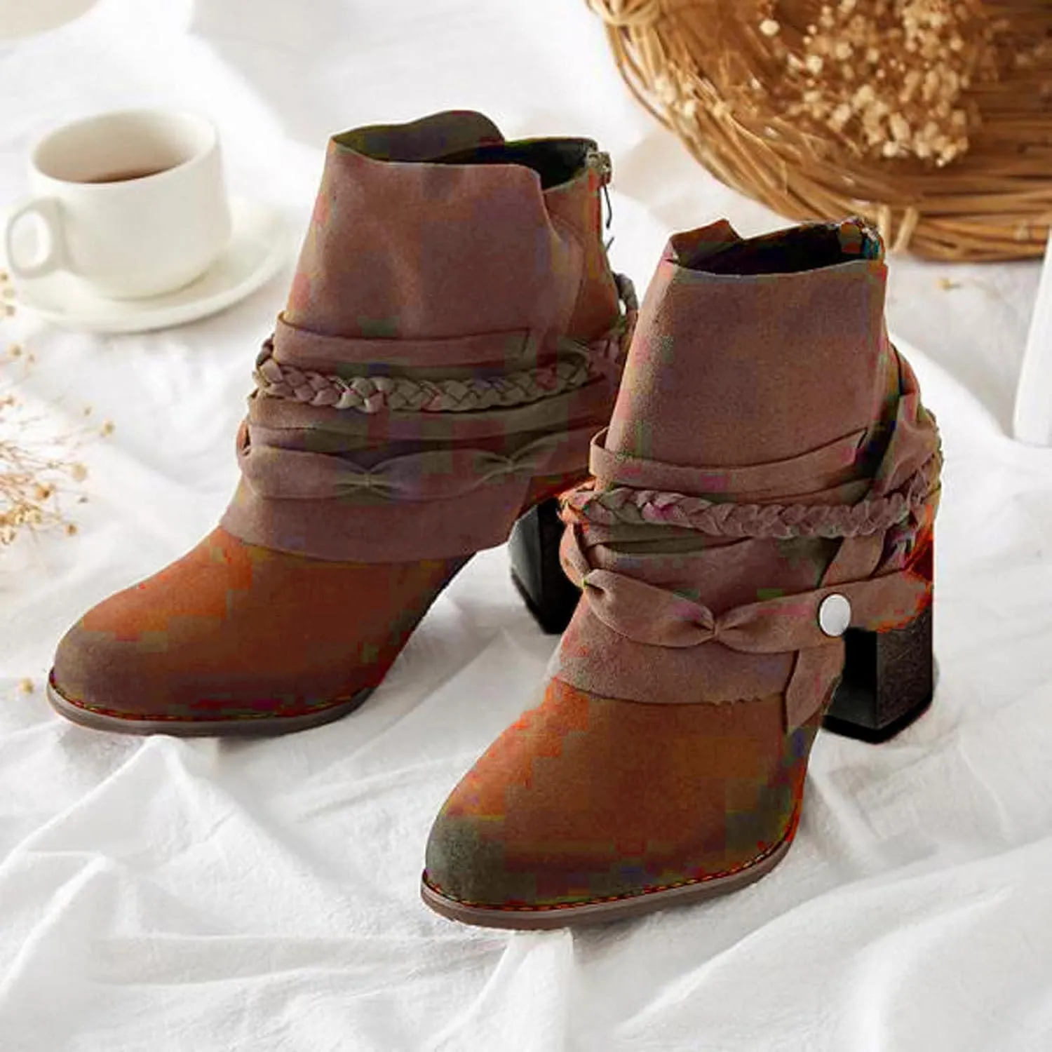 Ctreela Boho Booties Chunky Heel Shootie Retro Gypsy Ankle Boots Western Vintage Faux Suede Fringe Slip On Boot for Women