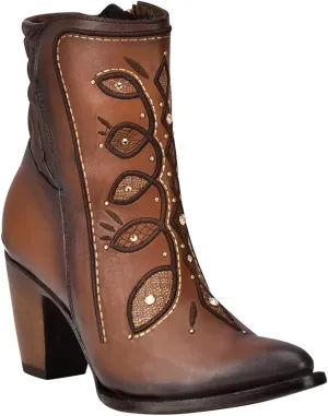 Cuadra Women's Bootie in Bovine Leather with Crystals and Zipper Brown