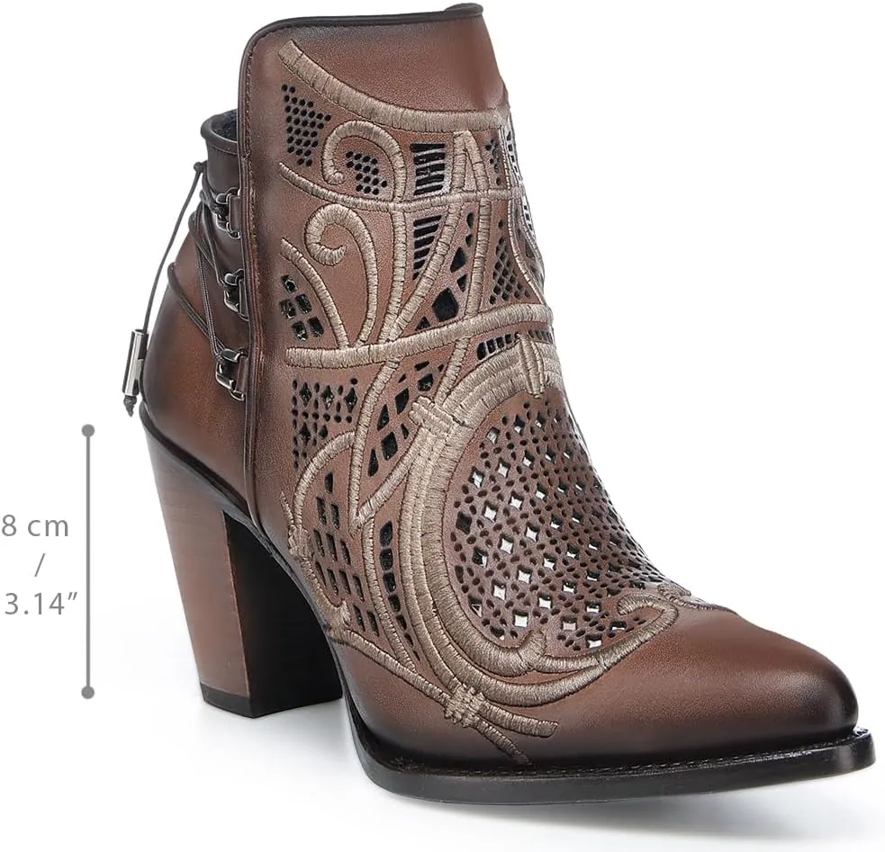Cuadra Women's Bootie in Genuine Leather with Embroidery and Zipper Brown, 3F48RS