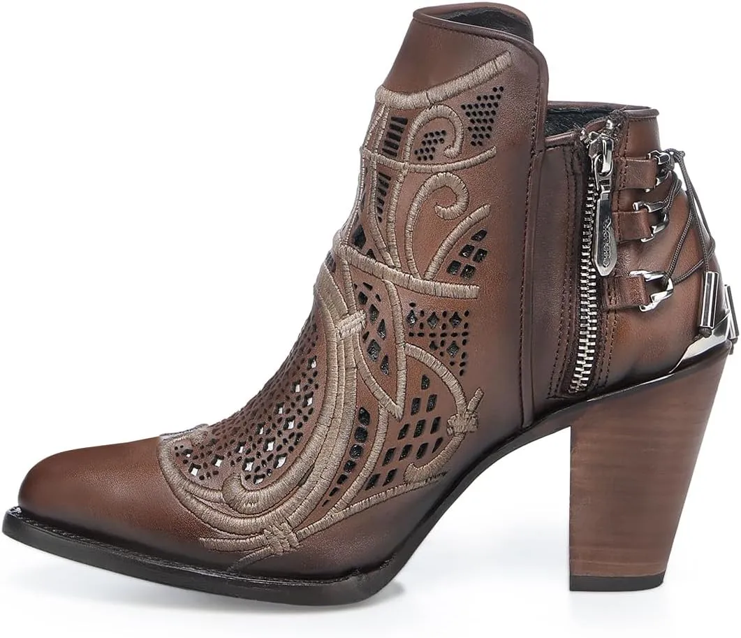Cuadra Women's Bootie in Genuine Leather with Embroidery and Zipper Brown, 3F48RS