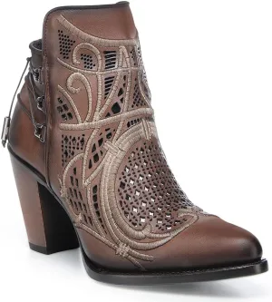 Cuadra Women's Bootie in Genuine Leather with Embroidery and Zipper Brown, 3F48RS