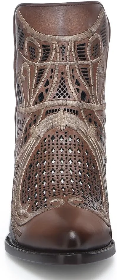 Cuadra Women's Bootie in Genuine Leather with Embroidery and Zipper Brown, 3F48RS