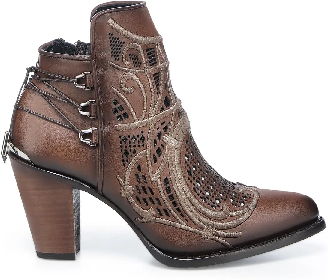 Cuadra Women's Bootie in Genuine Leather with Embroidery and Zipper Brown, 3F48RS
