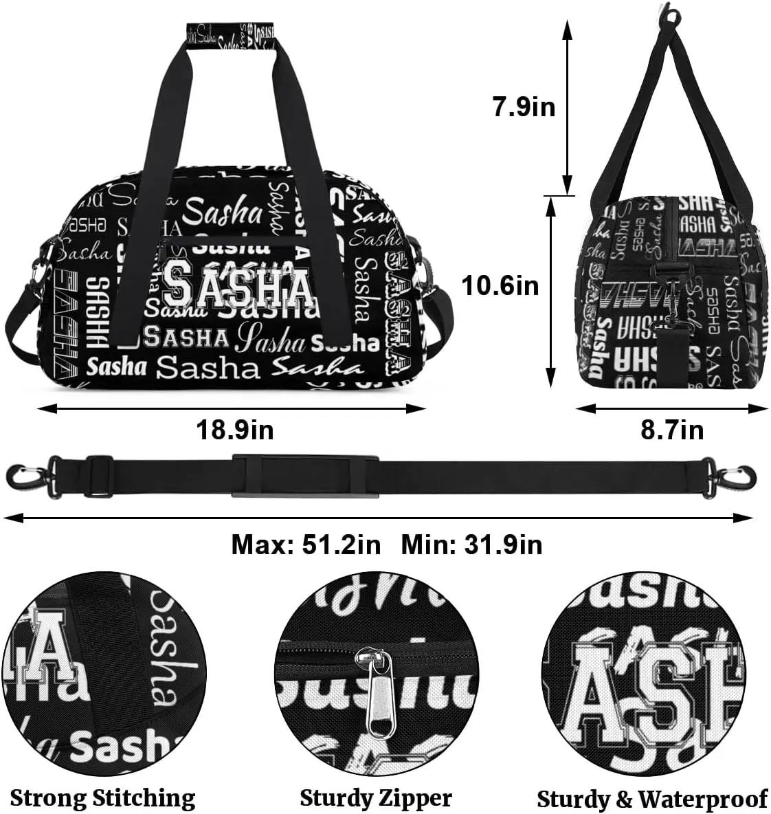 Custom Initial Dance Bag Gym Bag for Women, Monogrammed Personalized Sport Duffel Bag Weekender Bags Travel Duffel Bag Black Ballet Bags