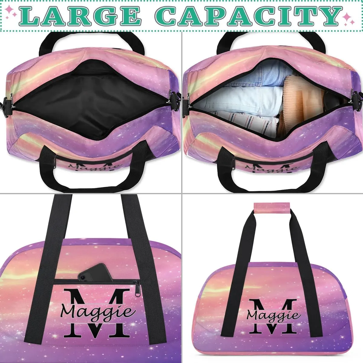 Custom Initial Duffel Bag with Name, Monogrammed Personalized Sports Gym Bags, Lightweight Custom Travel Overnight Weekender Bag, Cosmos Rainbows (Not Sequins)