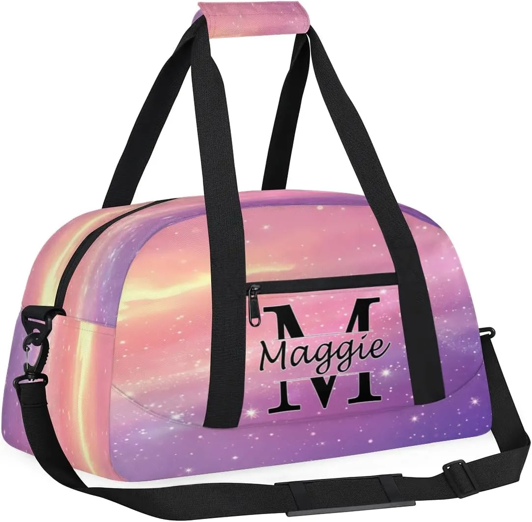 Custom Initial Duffel Bag with Name, Monogrammed Personalized Sports Gym Bags, Lightweight Custom Travel Overnight Weekender Bag, Cosmos Rainbows (Not Sequins)