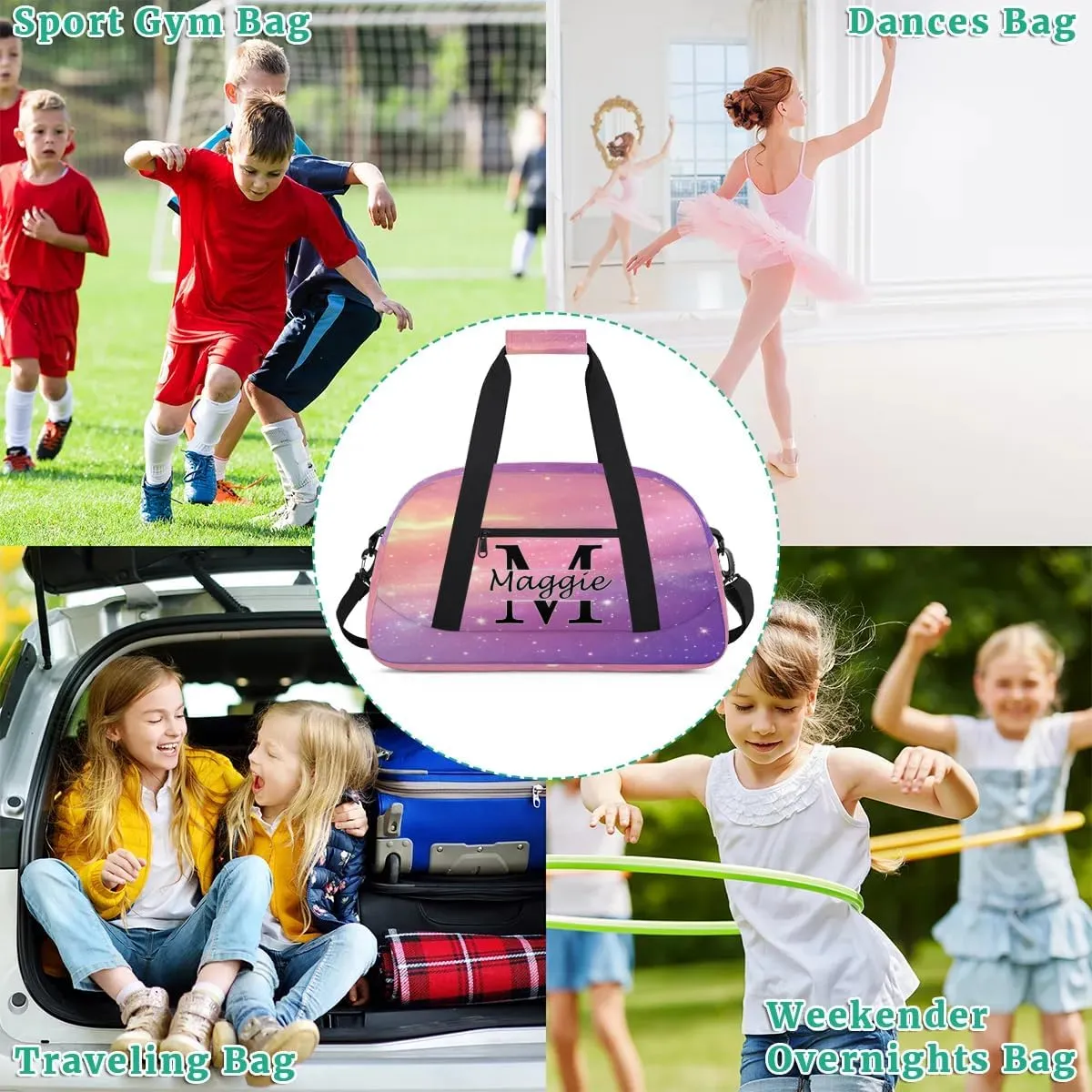 Custom Initial Duffel Bag with Name, Monogrammed Personalized Sports Gym Bags, Lightweight Custom Travel Overnight Weekender Bag, Cosmos Rainbows (Not Sequins)