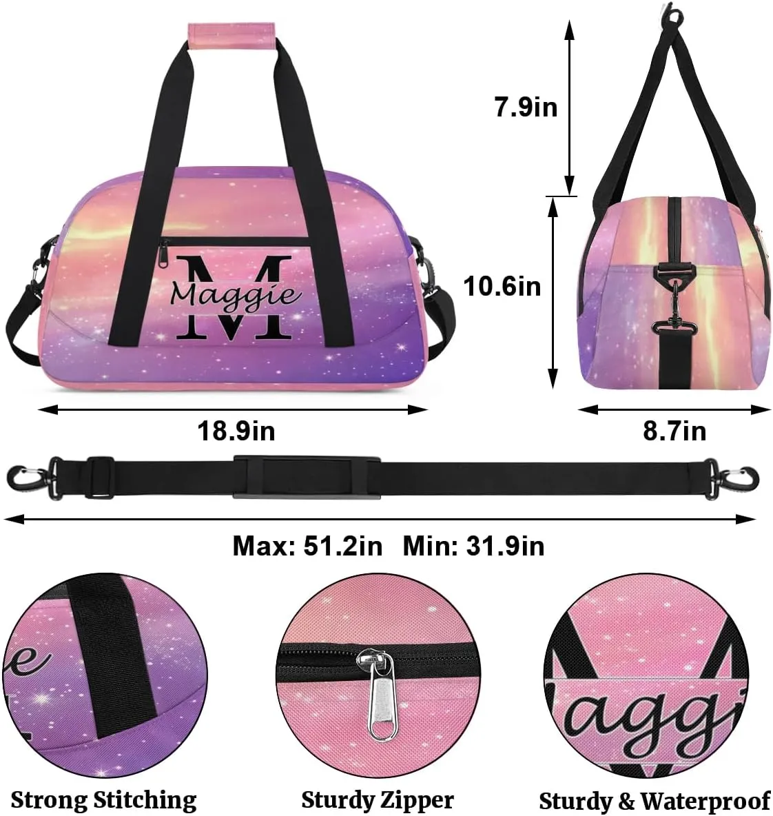 Custom Initial Duffel Bag with Name, Monogrammed Personalized Sports Gym Bags, Lightweight Custom Travel Overnight Weekender Bag, Cosmos Rainbows (Not Sequins)