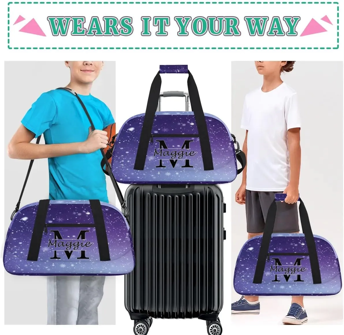 Custom Initial Duffel Bag with Name, Monogrammed Personalized Sports Gym Bags, Lightweight Custom Travel Overnight Weekender Bag, Cosmos Space Glitter (Not Sequins)