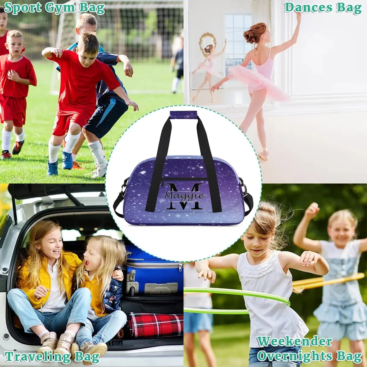 Custom Initial Duffel Bag with Name, Monogrammed Personalized Sports Gym Bags, Lightweight Custom Travel Overnight Weekender Bag, Cosmos Space Glitter (Not Sequins)