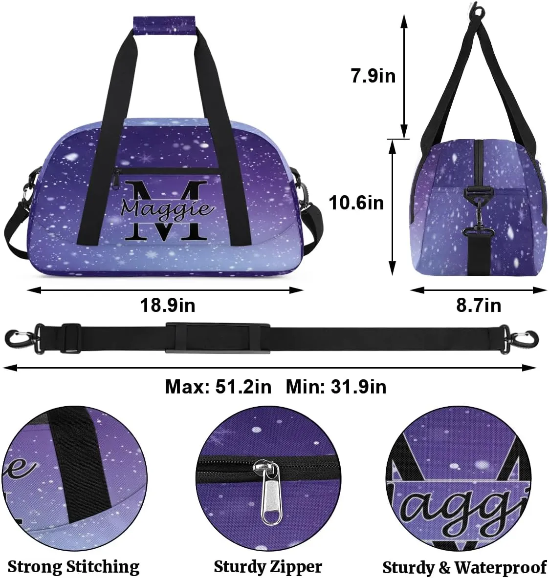 Custom Initial Duffel Bag with Name, Monogrammed Personalized Sports Gym Bags, Lightweight Custom Travel Overnight Weekender Bag, Cosmos Space Glitter (Not Sequins)