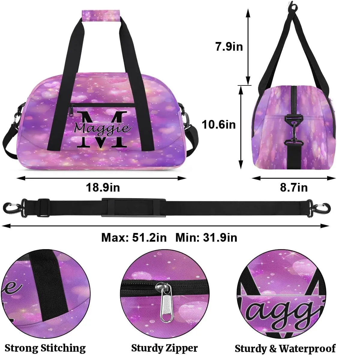 Custom Initial Duffel Bag with Name, Monogrammed Personalized Sports Gym Bags, Lightweight Custom Travel Overnight Weekender Bag, Love Clouds (Not Sequins)