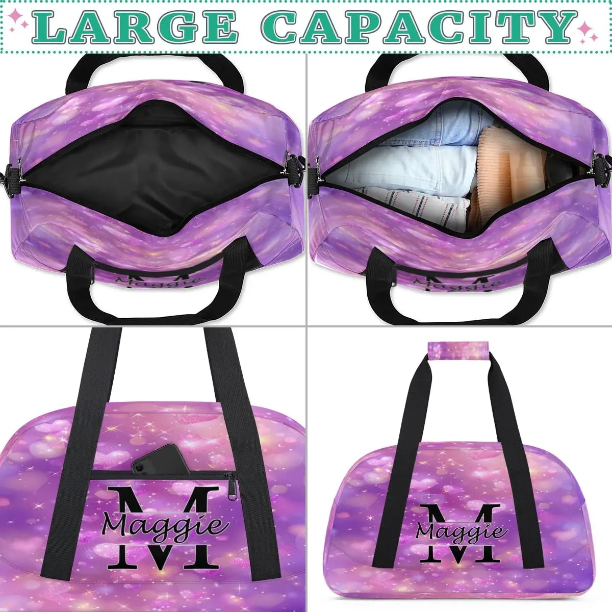 Custom Initial Duffel Bag with Name, Monogrammed Personalized Sports Gym Bags, Lightweight Custom Travel Overnight Weekender Bag, Love Clouds (Not Sequins)