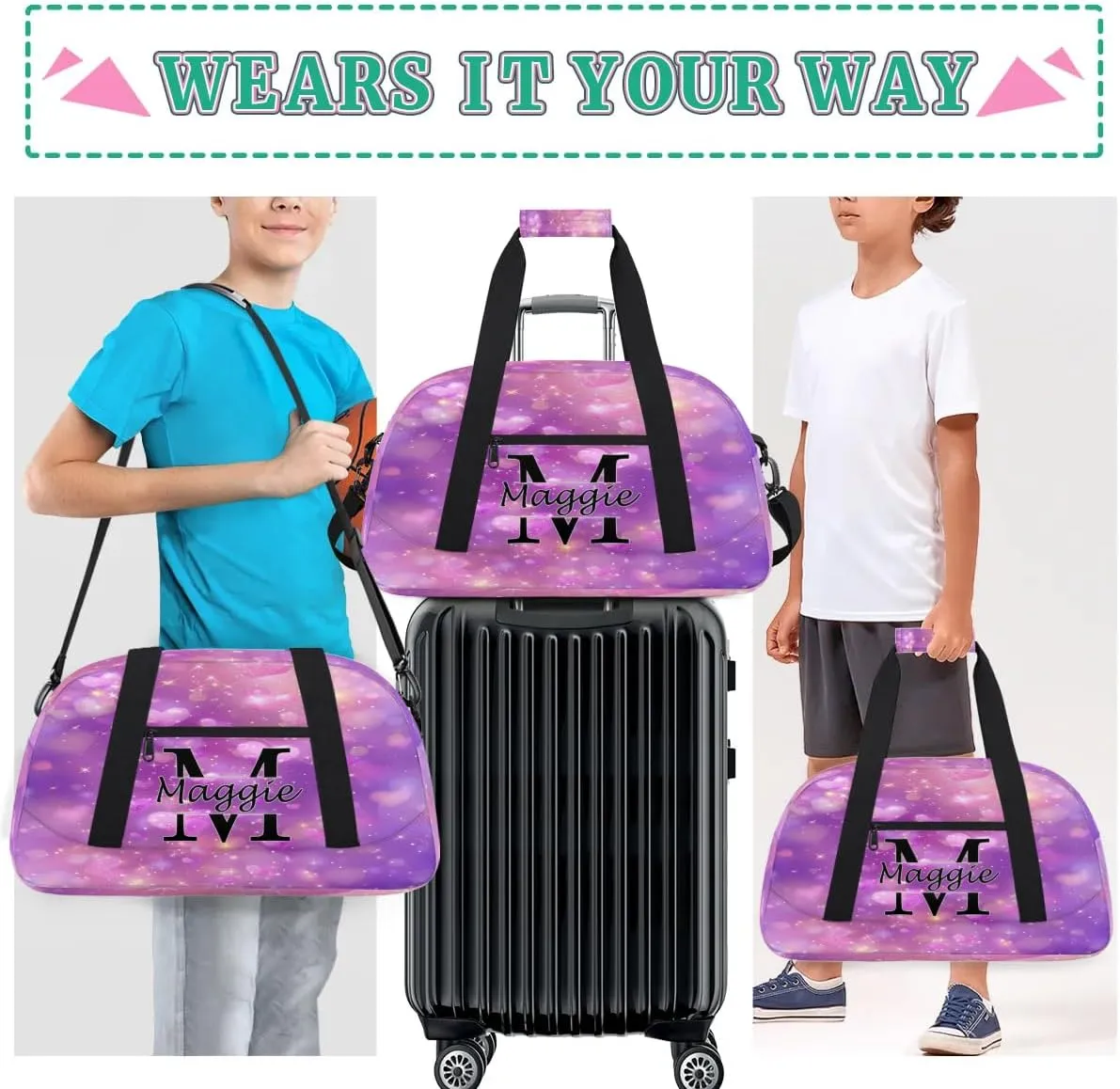 Custom Initial Duffel Bag with Name, Monogrammed Personalized Sports Gym Bags, Lightweight Custom Travel Overnight Weekender Bag, Love Clouds (Not Sequins)