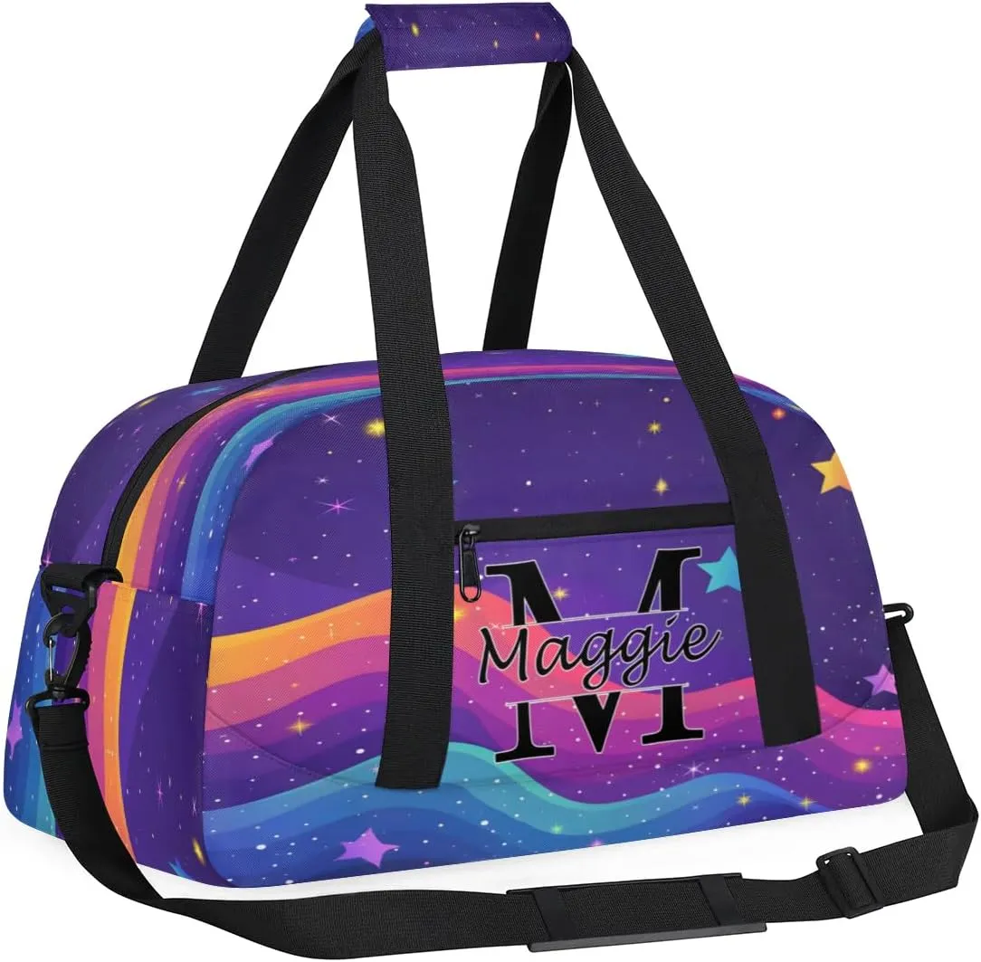 Custom Initial Duffel Bag with Name, Monogrammed Personalized Sports Gym Bags, Lightweight Custom Travel Overnight Weekender Bag, Rainbow Star Glitter (Not Sequins)