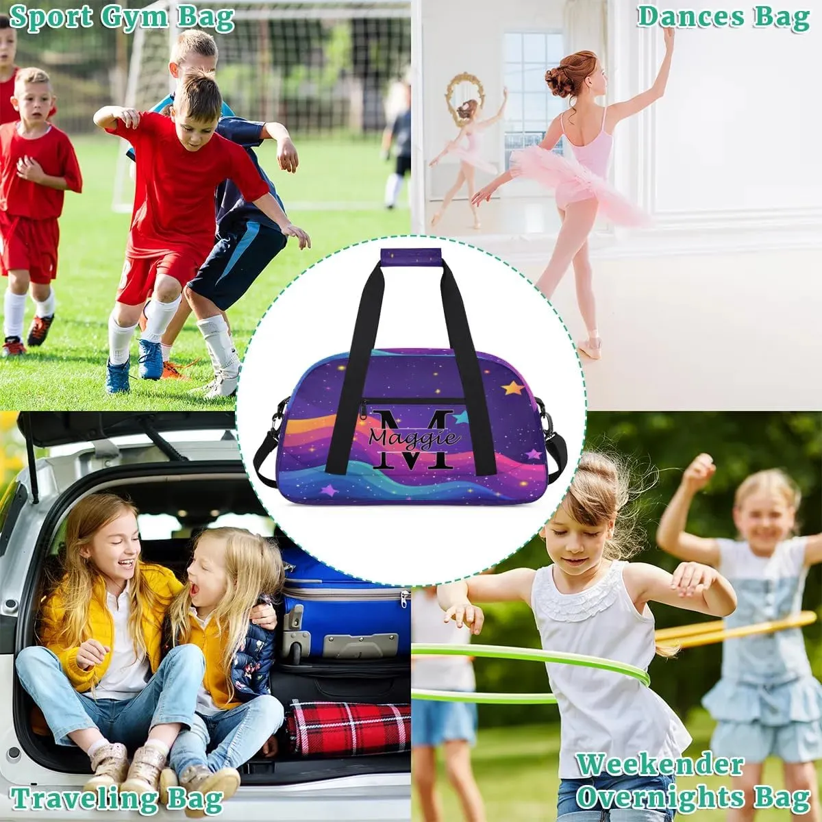 Custom Initial Duffel Bag with Name, Monogrammed Personalized Sports Gym Bags, Lightweight Custom Travel Overnight Weekender Bag, Rainbow Star Glitter (Not Sequins)