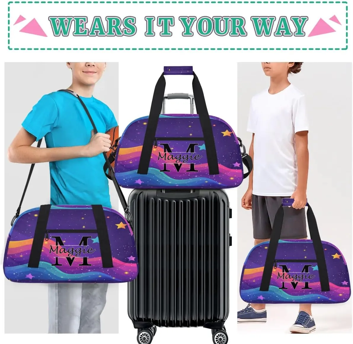 Custom Initial Duffel Bag with Name, Monogrammed Personalized Sports Gym Bags, Lightweight Custom Travel Overnight Weekender Bag, Rainbow Star Glitter (Not Sequins)
