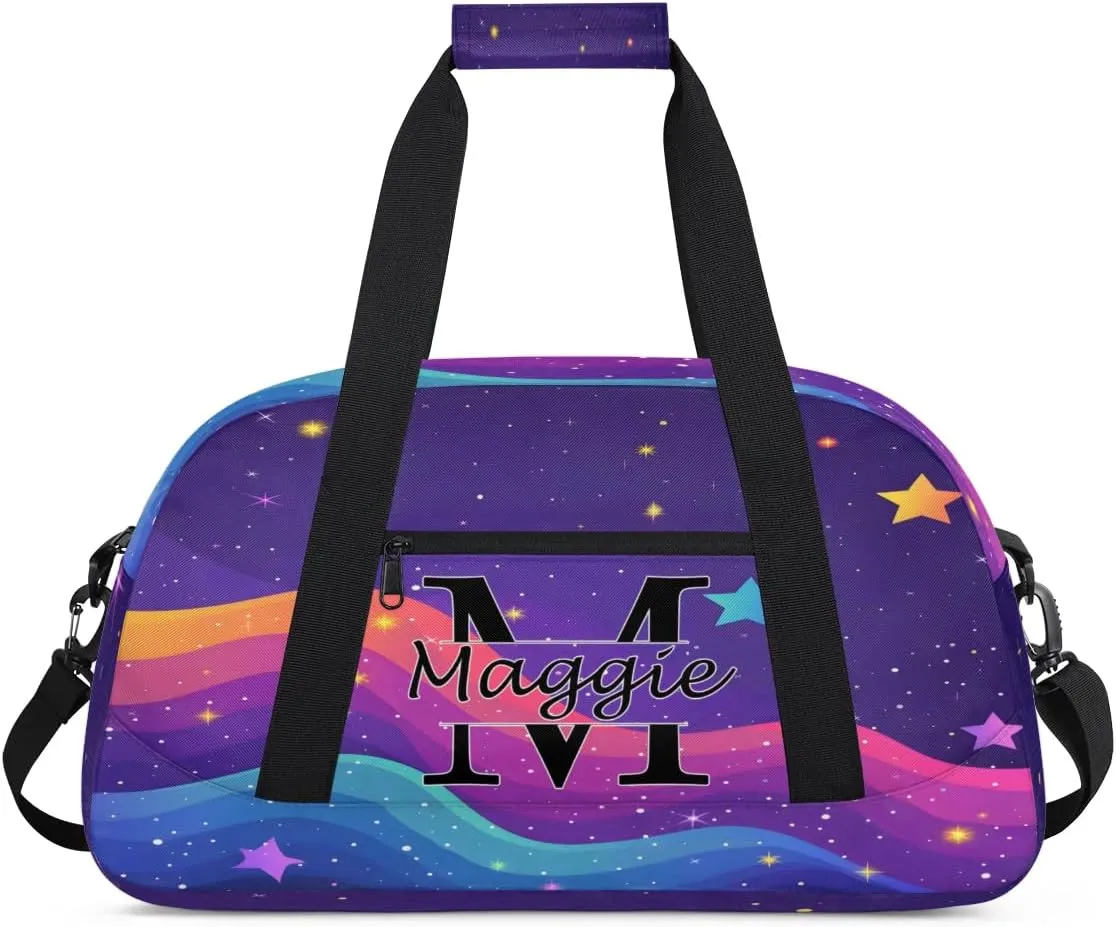 Custom Initial Duffel Bag with Name, Monogrammed Personalized Sports Gym Bags, Lightweight Custom Travel Overnight Weekender Bag, Rainbow Star Glitter (Not Sequins)
