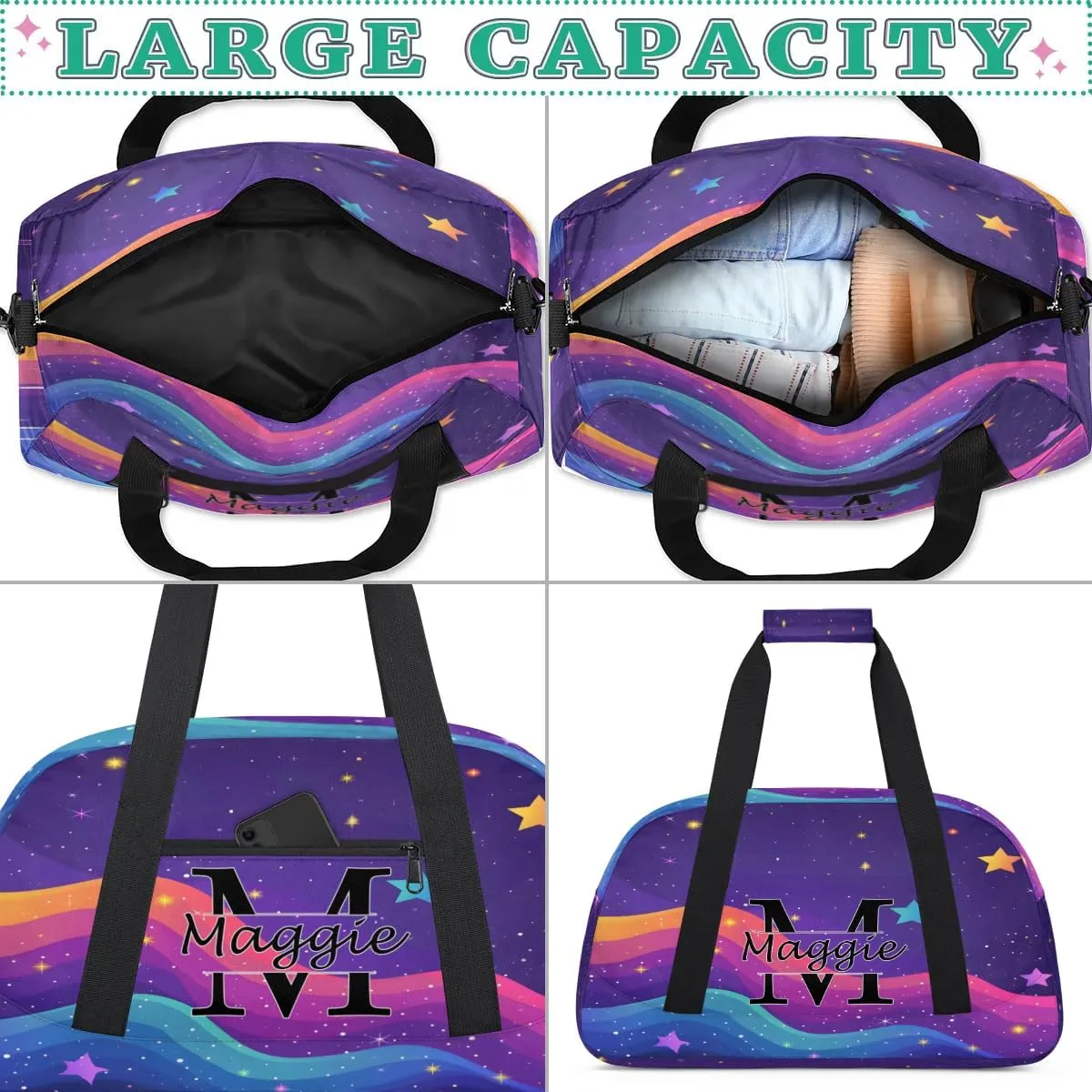 Custom Initial Duffel Bag with Name, Monogrammed Personalized Sports Gym Bags, Lightweight Custom Travel Overnight Weekender Bag, Rainbow Star Glitter (Not Sequins)