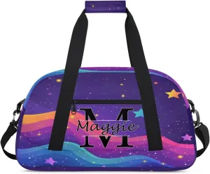 Custom Initial Duffel Bag with Name, Monogrammed Personalized Sports Gym Bags, Lightweight Custom Travel Overnight Weekender Bag, Rainbow Star Glitter (Not Sequins)