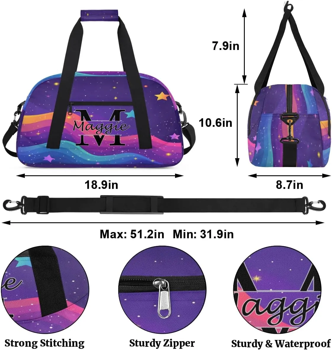 Custom Initial Duffel Bag with Name, Monogrammed Personalized Sports Gym Bags, Lightweight Custom Travel Overnight Weekender Bag, Rainbow Star Glitter (Not Sequins)