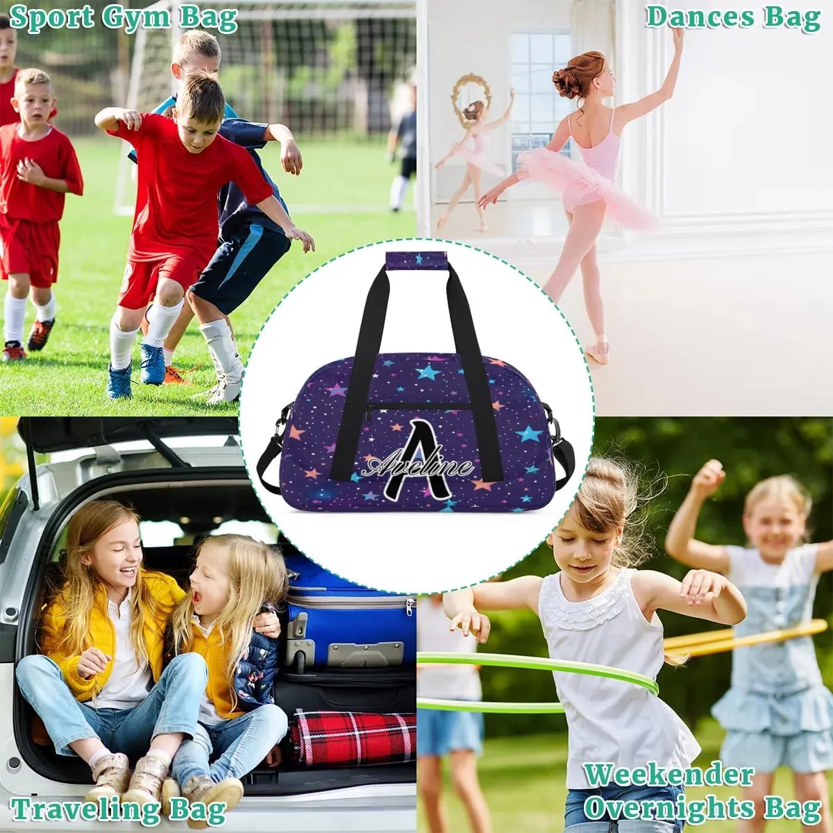 Custom Initial Letters Sport Bag, Personalized Gym Duffel Bags with Name Gifts for Women Custom Travel Overnight Weekender Bag Monogrammed, Colorful Starry Sky