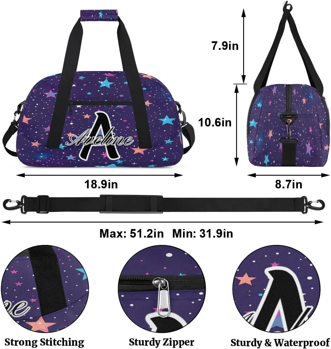 Custom Initial Letters Sport Bag, Personalized Gym Duffel Bags with Name Gifts for Women Custom Travel Overnight Weekender Bag Monogrammed, Colorful Starry Sky