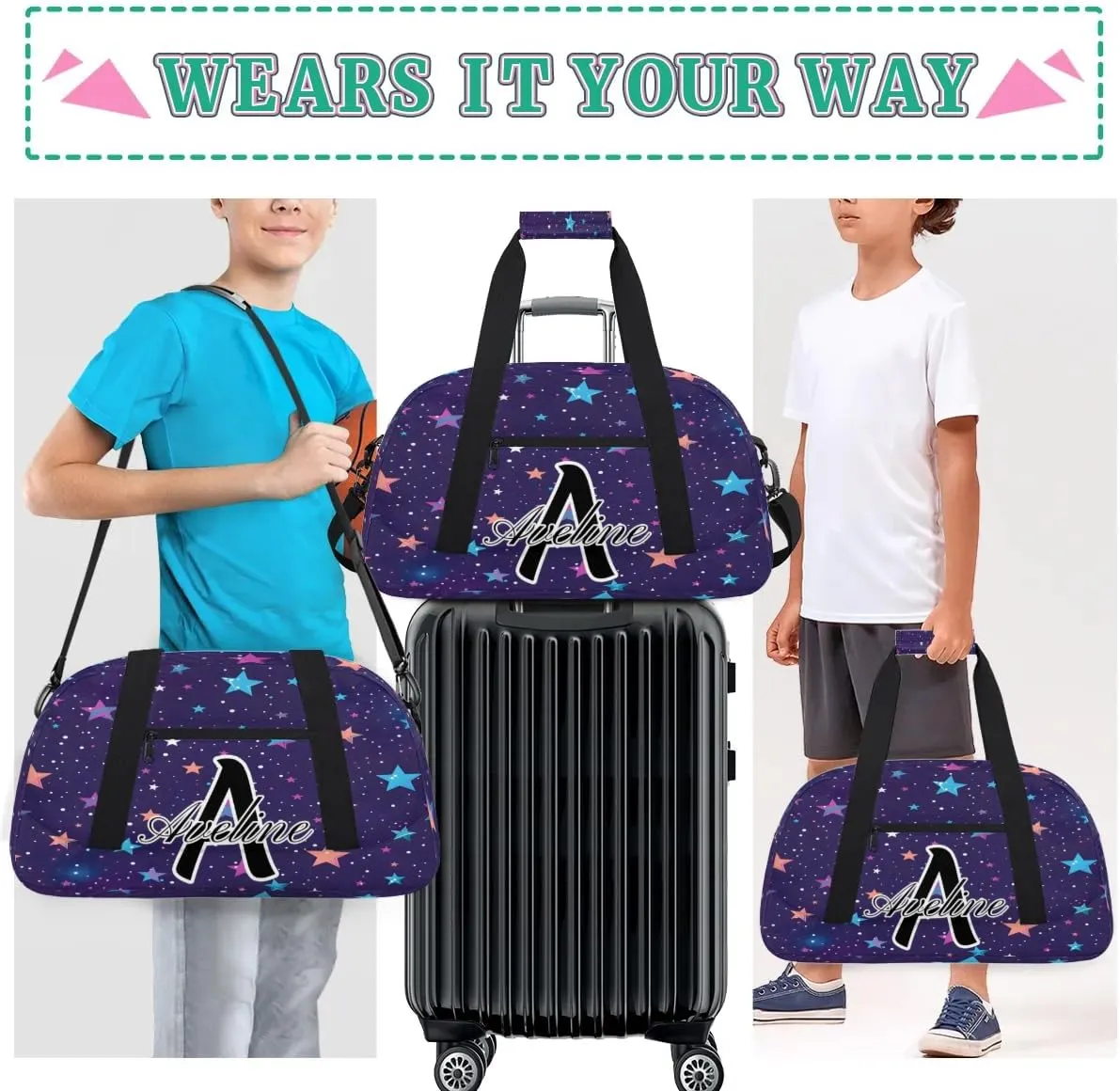 Custom Initial Letters Sport Bag, Personalized Gym Duffel Bags with Name Gifts for Women Custom Travel Overnight Weekender Bag Monogrammed, Colorful Starry Sky