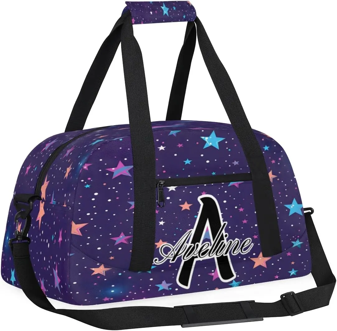Custom Initial Letters Sport Bag, Personalized Gym Duffel Bags with Name Gifts for Women Custom Travel Overnight Weekender Bag Monogrammed, Colorful Starry Sky