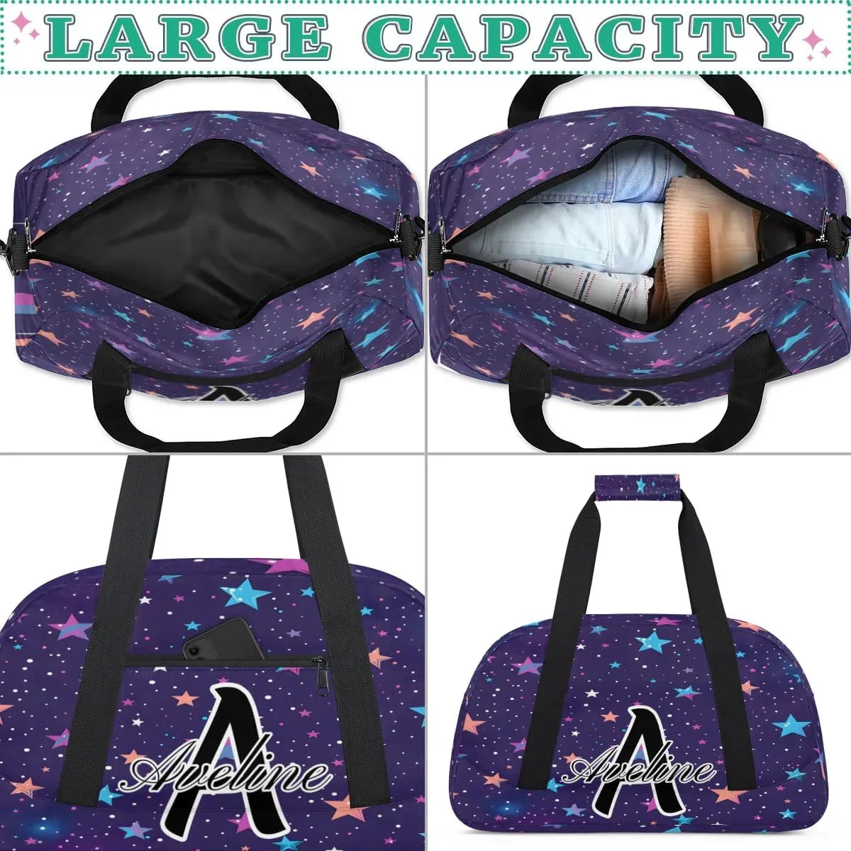 Custom Initial Letters Sport Bag, Personalized Gym Duffel Bags with Name Gifts for Women Custom Travel Overnight Weekender Bag Monogrammed, Colorful Starry Sky