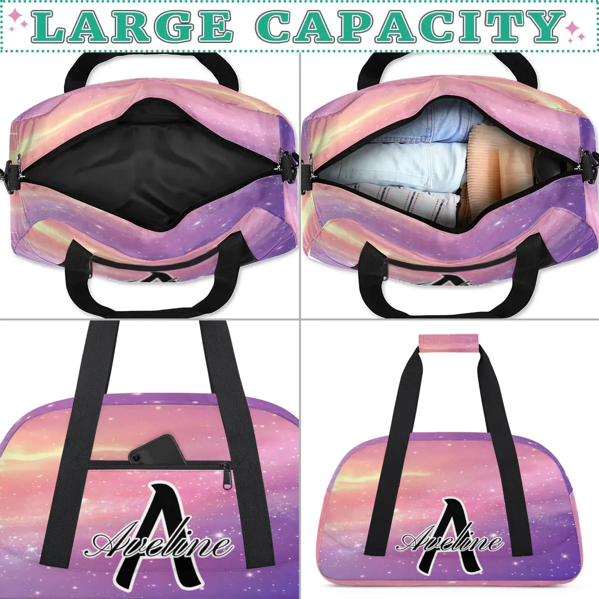 Custom Initial Letters Sport Bag, Personalized Gym Duffel Bags with Name Gifts for Women Custom Travel Overnight Weekender Bag Monogrammed, Cosmos Rainbows