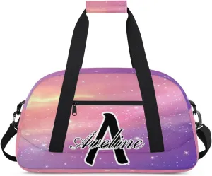 Custom Initial Letters Sport Bag, Personalized Gym Duffel Bags with Name Gifts for Women Custom Travel Overnight Weekender Bag Monogrammed, Cosmos Rainbows