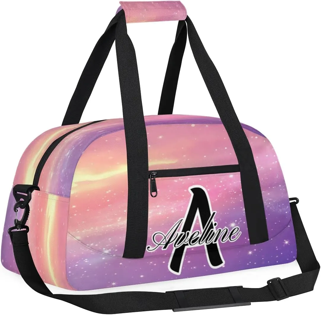 Custom Initial Letters Sport Bag, Personalized Gym Duffel Bags with Name Gifts for Women Custom Travel Overnight Weekender Bag Monogrammed, Cosmos Rainbows