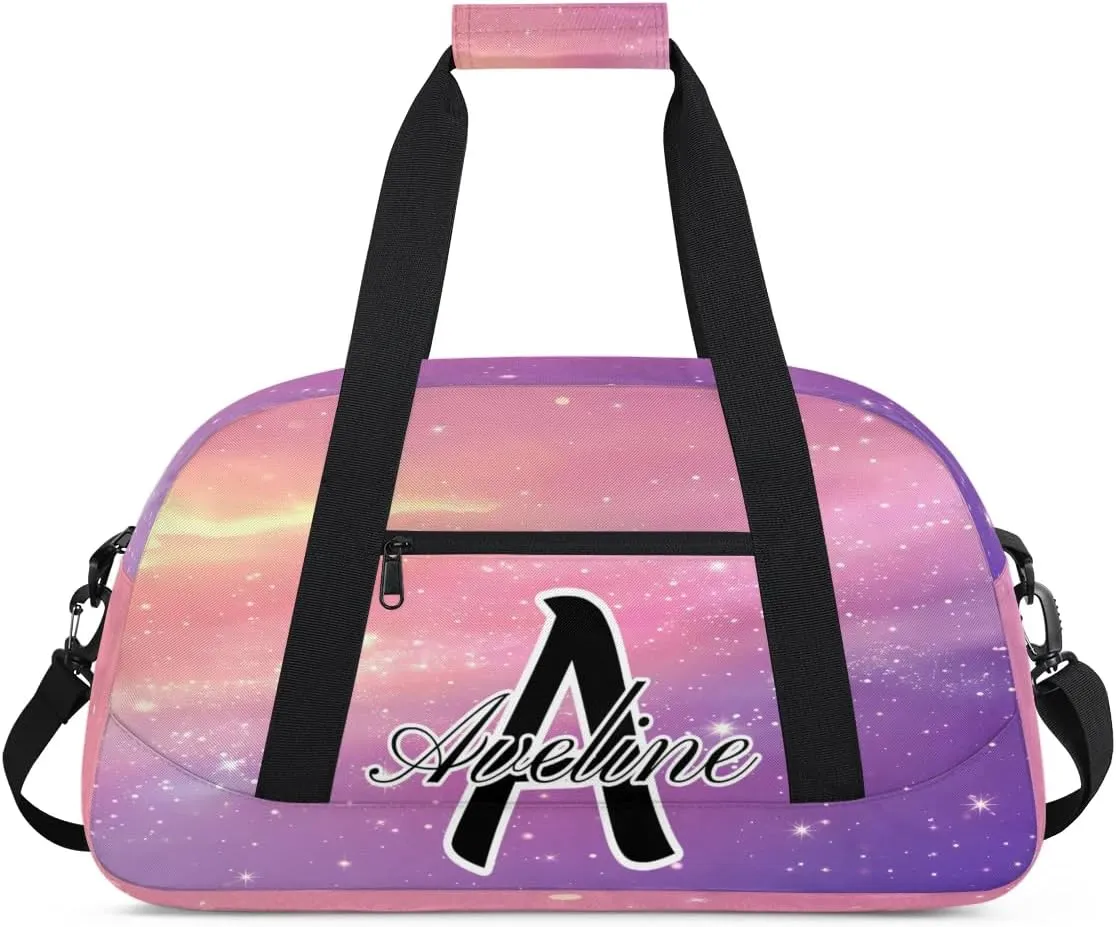 Custom Initial Letters Sport Bag, Personalized Gym Duffel Bags with Name Gifts for Women Custom Travel Overnight Weekender Bag Monogrammed, Cosmos Rainbows