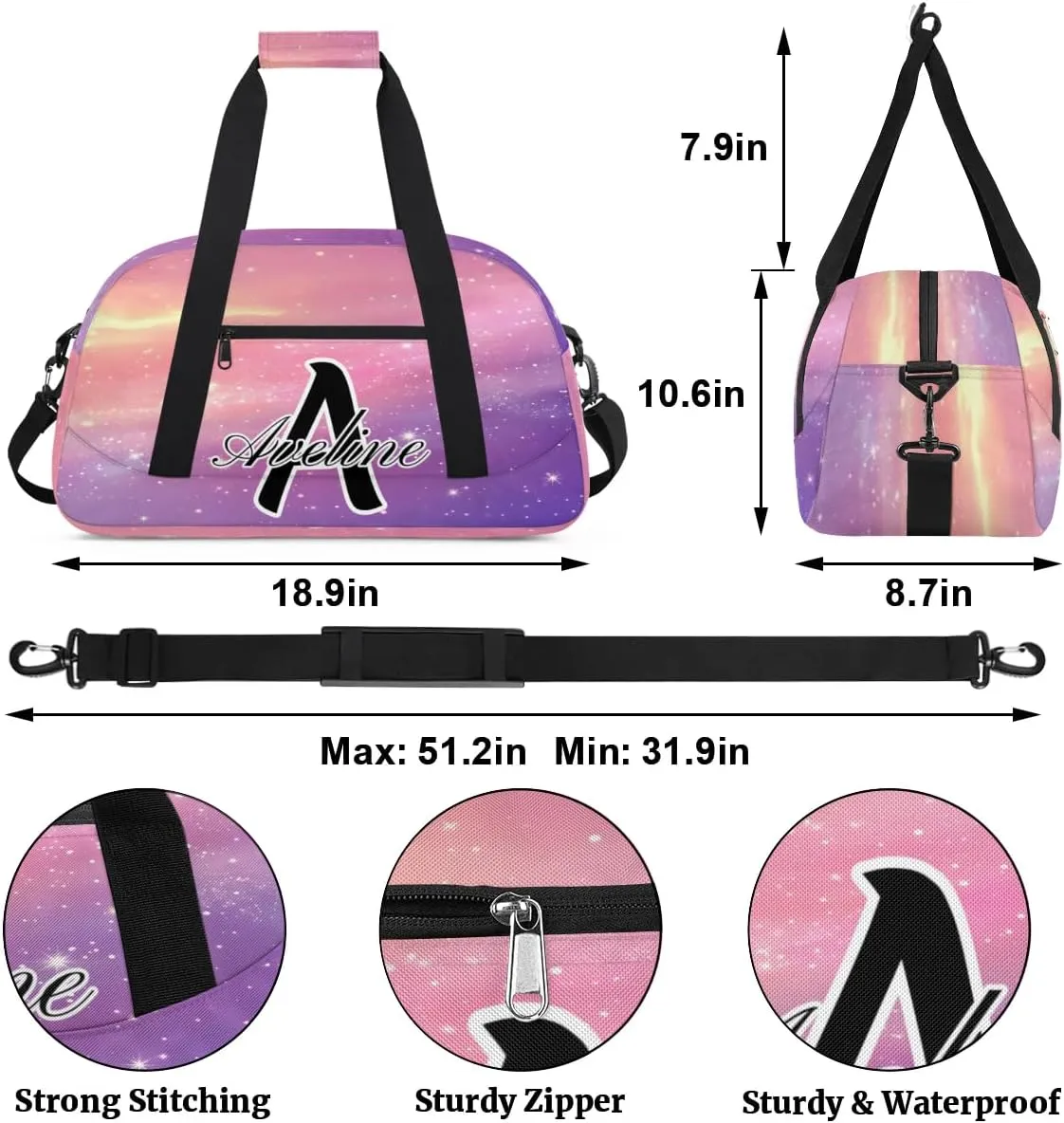 Custom Initial Letters Sport Bag, Personalized Gym Duffel Bags with Name Gifts for Women Custom Travel Overnight Weekender Bag Monogrammed, Cosmos Rainbows