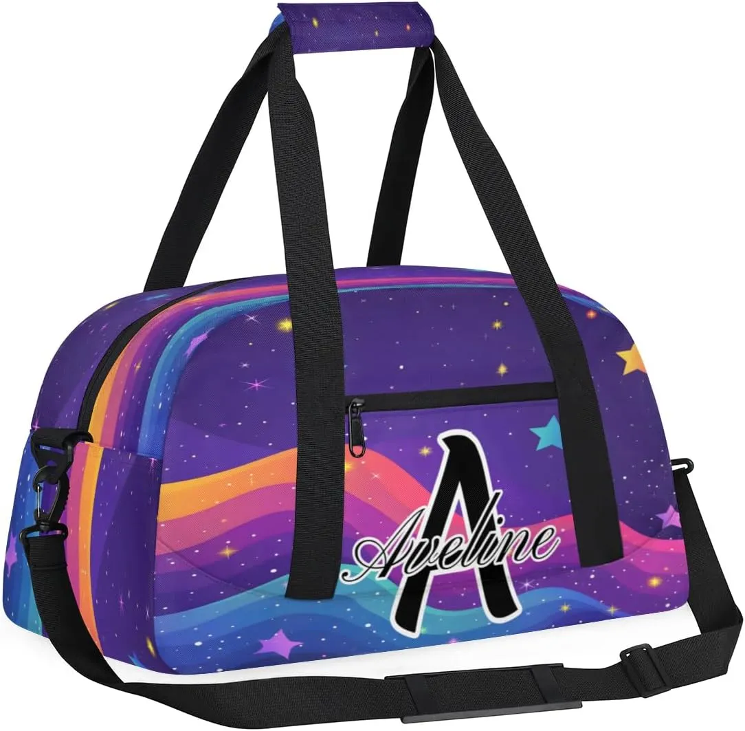 Custom Initial Letters Sport Bag, Personalized Gym Duffel Bags with Name Gifts for Women Custom Travel Overnight Weekender Bag Monogrammed, Rainbow Star Glitter