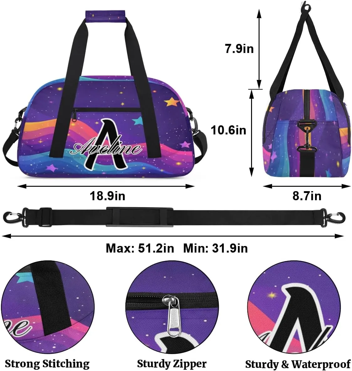 Custom Initial Letters Sport Bag, Personalized Gym Duffel Bags with Name Gifts for Women Custom Travel Overnight Weekender Bag Monogrammed, Rainbow Star Glitter