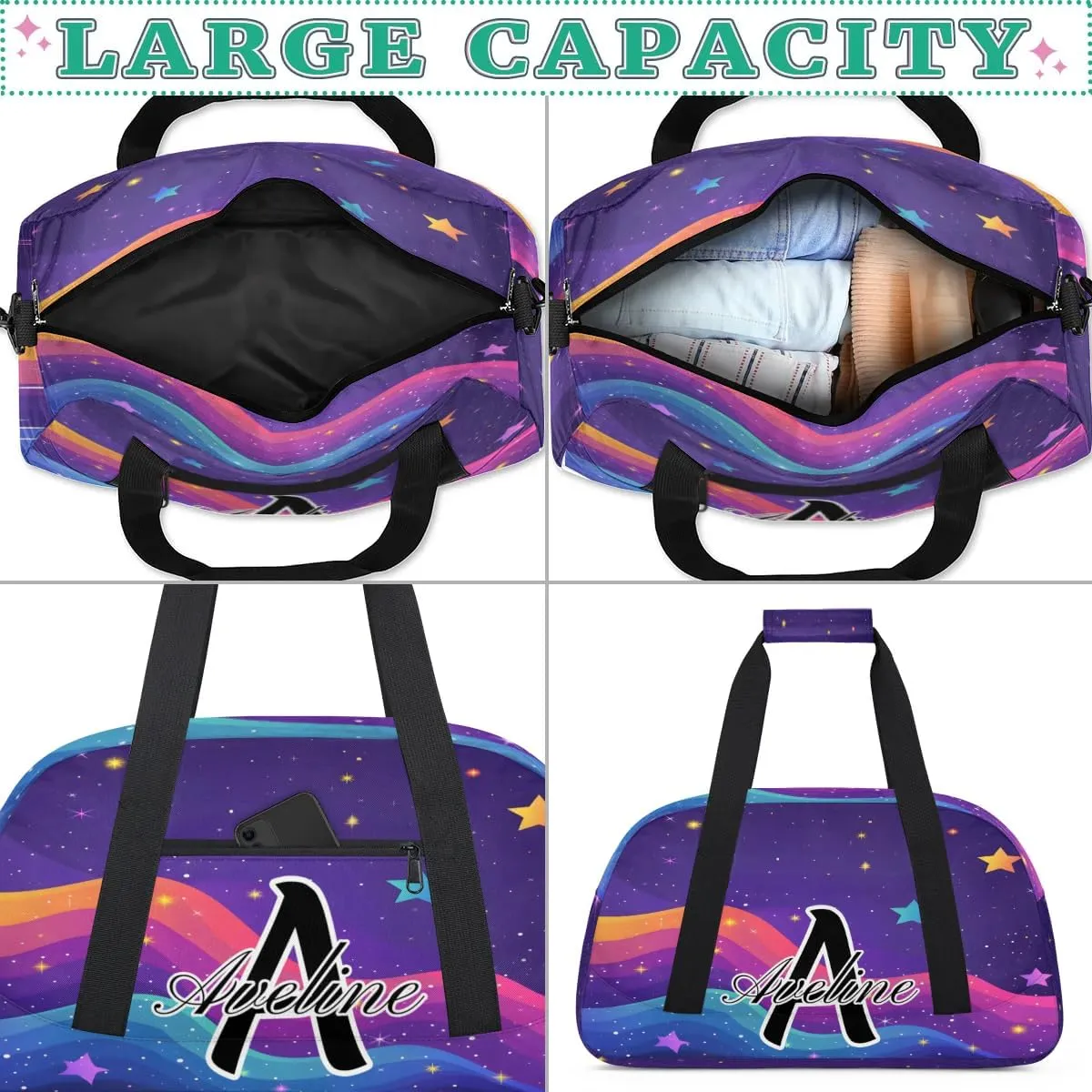 Custom Initial Letters Sport Bag, Personalized Gym Duffel Bags with Name Gifts for Women Custom Travel Overnight Weekender Bag Monogrammed, Rainbow Star Glitter