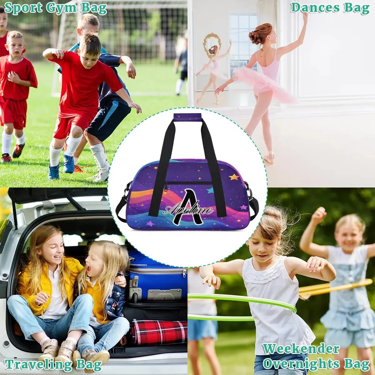 Custom Initial Letters Sport Bag, Personalized Gym Duffel Bags with Name Gifts for Women Custom Travel Overnight Weekender Bag Monogrammed, Rainbow Star Glitter