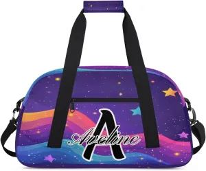 Custom Initial Letters Sport Bag, Personalized Gym Duffel Bags with Name Gifts for Women Custom Travel Overnight Weekender Bag Monogrammed, Rainbow Star Glitter