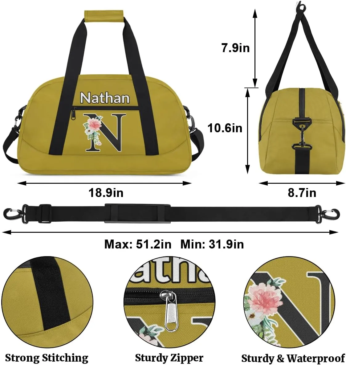 Custom Initial Letters Sport Bag, Personalized Gym Duffel Bags with Name Personalized Gifts for Women Custom Travel Weekender Bag Monogrammed, Brown Custom Gifts