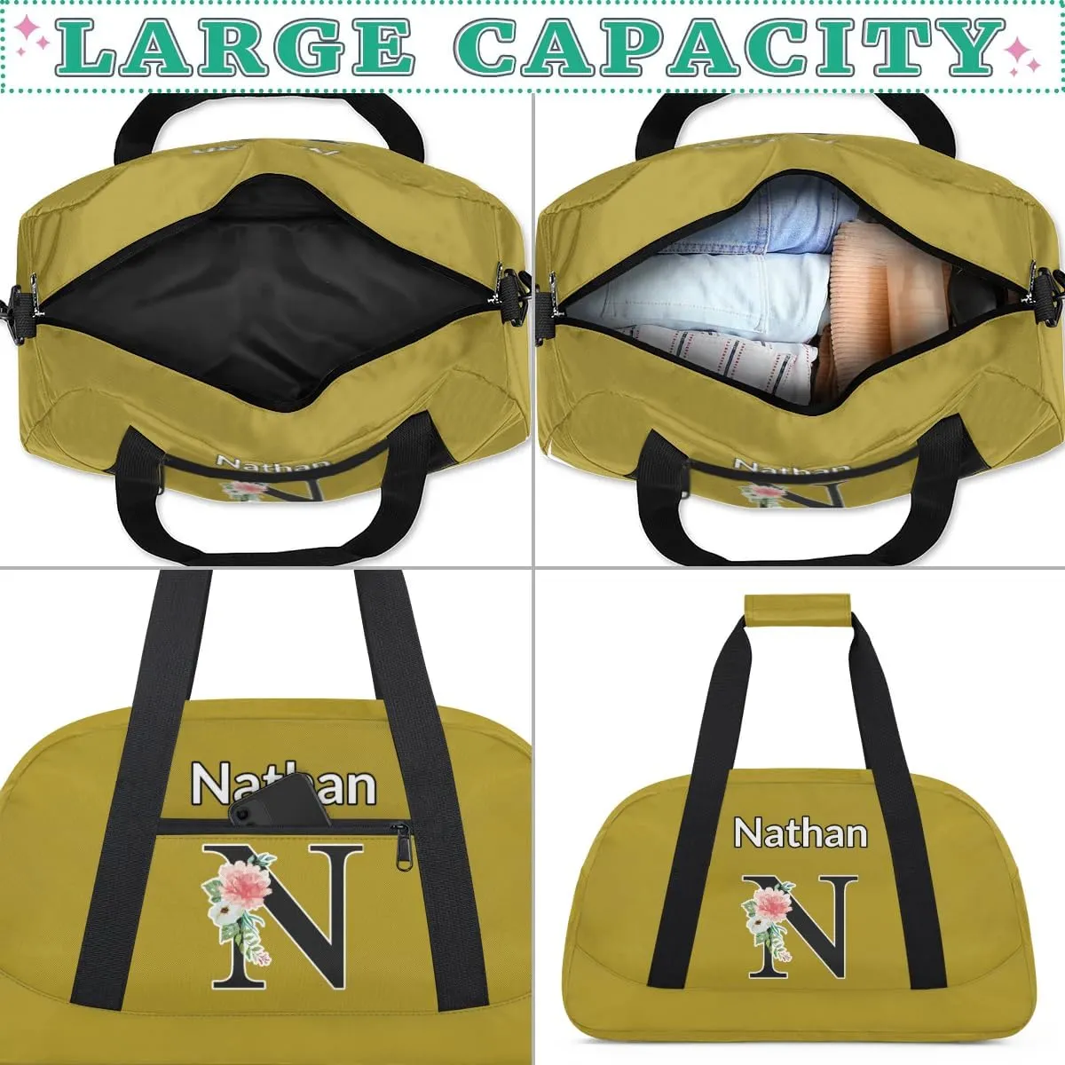 Custom Initial Letters Sport Bag, Personalized Gym Duffel Bags with Name Personalized Gifts for Women Custom Travel Weekender Bag Monogrammed, Brown Custom Gifts