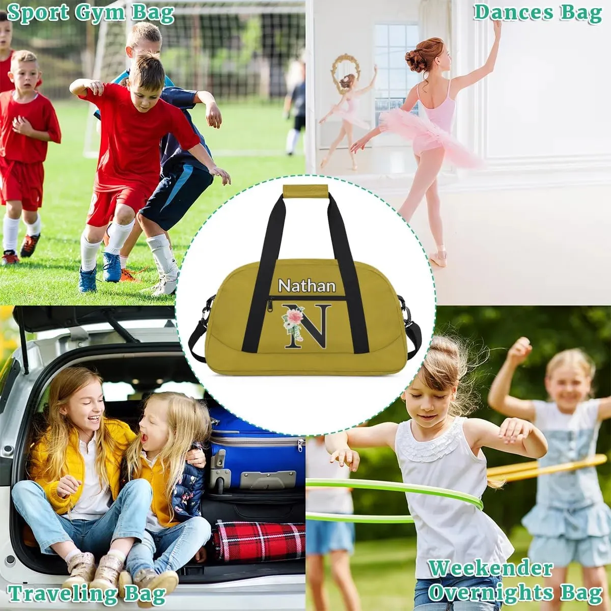 Custom Initial Letters Sport Bag, Personalized Gym Duffel Bags with Name Personalized Gifts for Women Custom Travel Weekender Bag Monogrammed, Brown Custom Gifts
