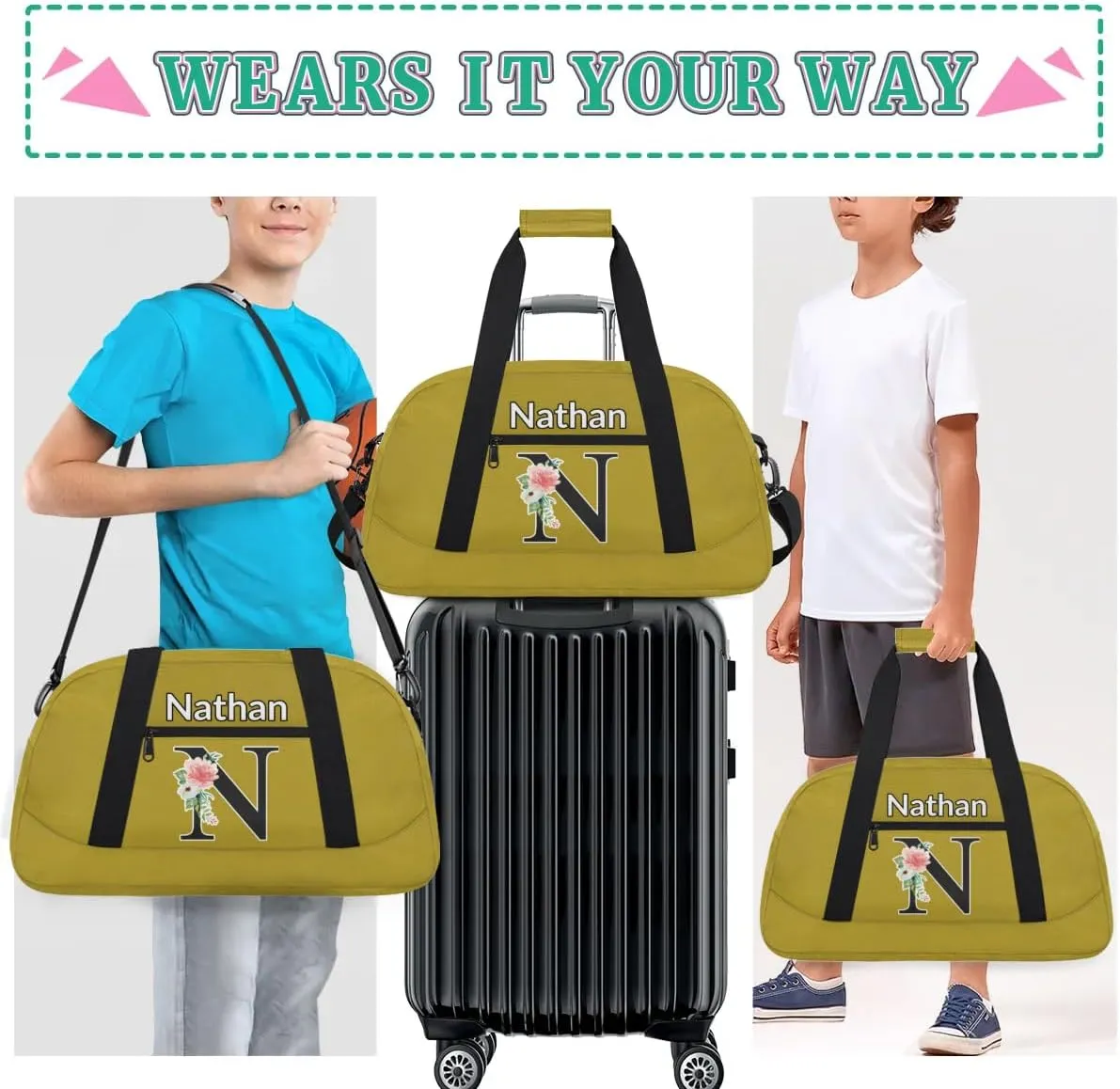 Custom Initial Letters Sport Bag, Personalized Gym Duffel Bags with Name Personalized Gifts for Women Custom Travel Weekender Bag Monogrammed, Brown Custom Gifts