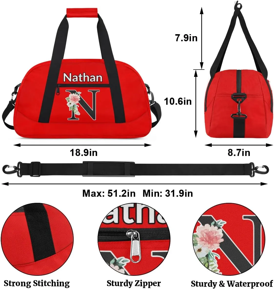 Custom Initial Letters Sport Bag, Personalized Gym Duffel Bags with Name Personalized Gifts for Women Custom Travel Weekender Bag Monogrammed, Coral Red A Custom Gifts
