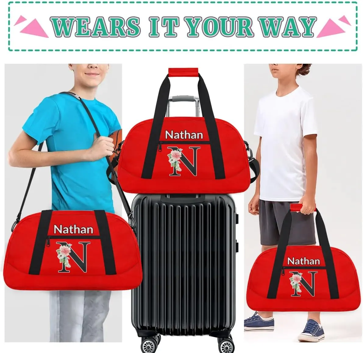 Custom Initial Letters Sport Bag, Personalized Gym Duffel Bags with Name Personalized Gifts for Women Custom Travel Weekender Bag Monogrammed, Coral Red A Custom Gifts