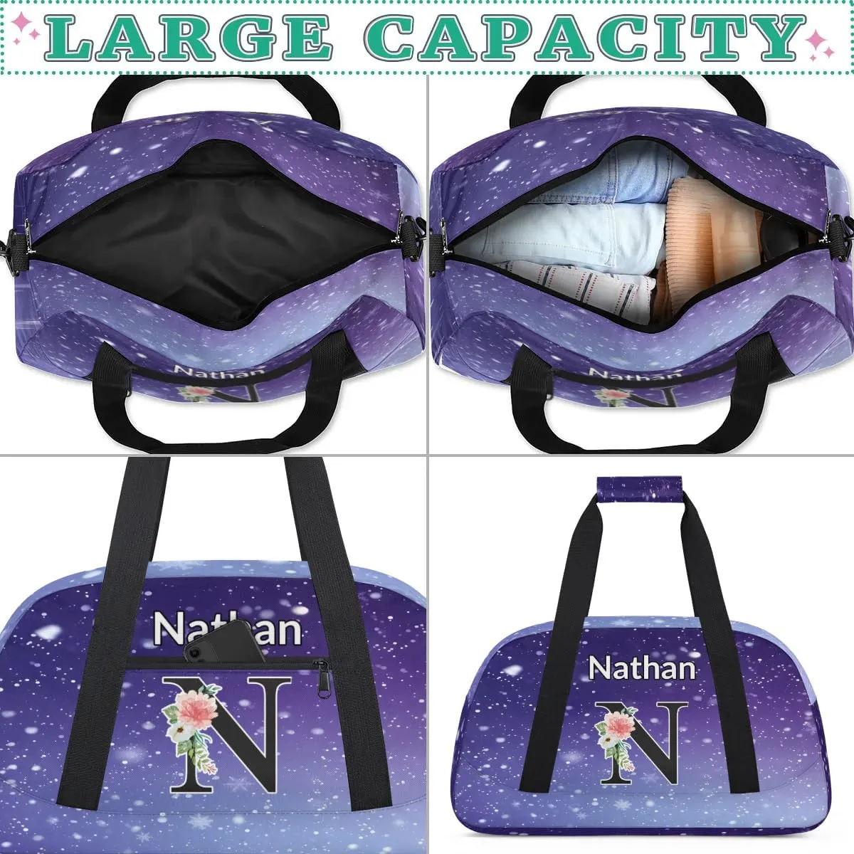 Custom Initial Letters Sport Bag, Personalized Gym Duffel Bags with Name Personalized Gifts for Women Custom Travel Weekender Bag Monogrammed, Cosmos Space Glitter