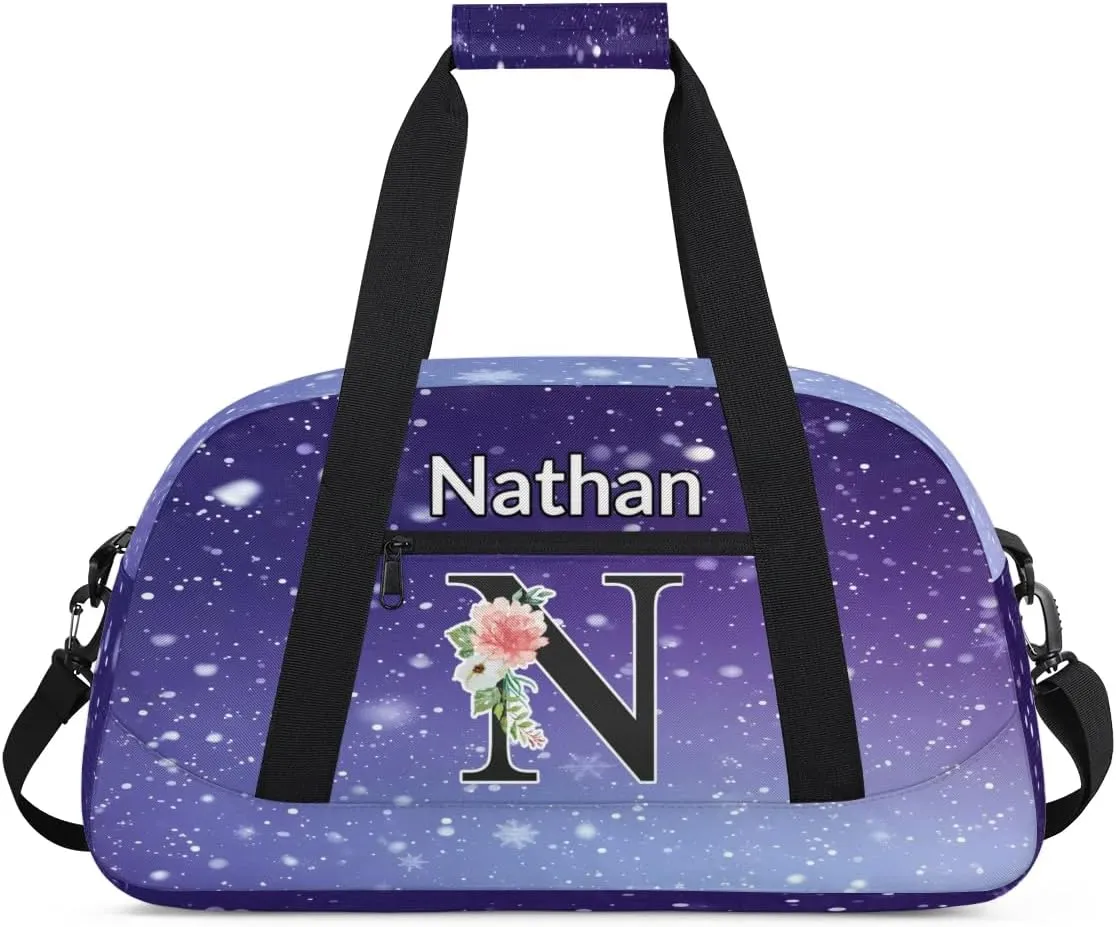 Custom Initial Letters Sport Bag, Personalized Gym Duffel Bags with Name Personalized Gifts for Women Custom Travel Weekender Bag Monogrammed, Cosmos Space Glitter