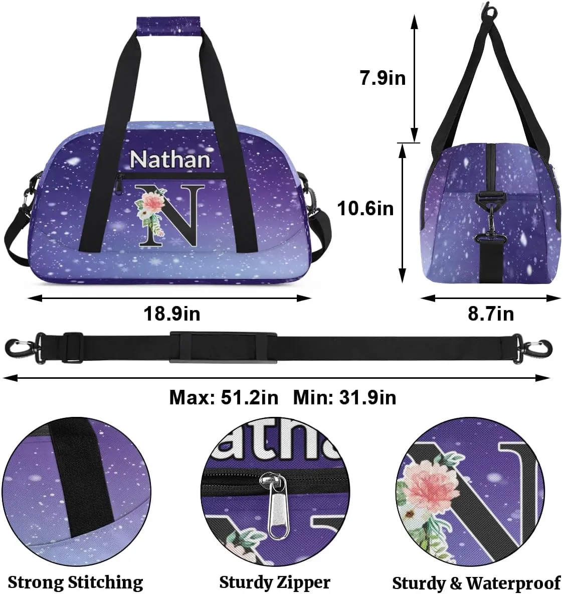 Custom Initial Letters Sport Bag, Personalized Gym Duffel Bags with Name Personalized Gifts for Women Custom Travel Weekender Bag Monogrammed, Cosmos Space Glitter